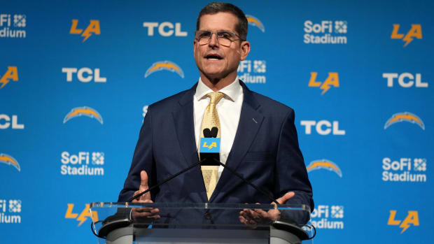 Chargers head coach Jim Harbaugh speaks with the media at his introductory press conference.